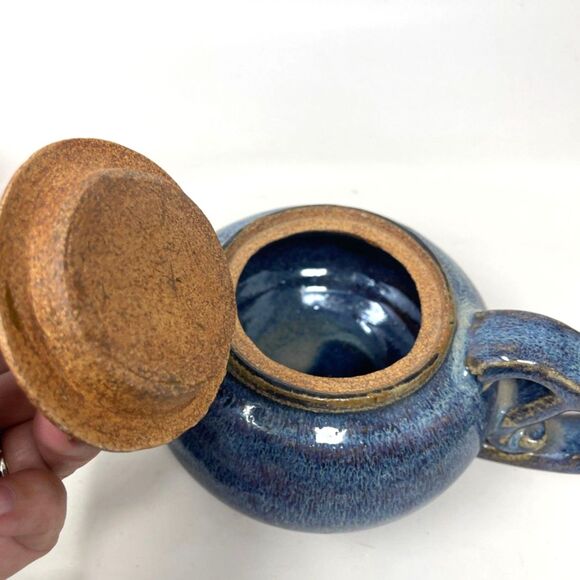 Studio Art Pottery RUSTIC Blue High GLAZE Teapot With Unique Handle Signed - Picture 6 of 10